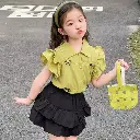 Ensemble fille jupe volante et blouse à col avec nœud 