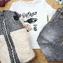  Ensemble Garçon Style Vintage - Sweat Imprimé Avion, Jean Gris et Veste en polaire- Look Rétro et Confortable